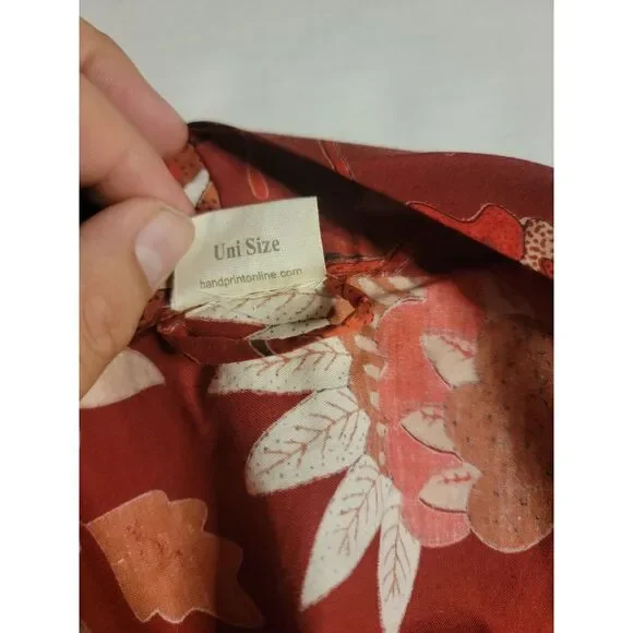 Handprint Red Floral Short Sleeve Tie Up Robe 100%‎ Cotton Bath Robe - Picture 7 of 9